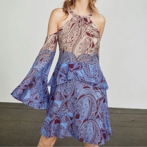 BCBGMaxAzria Ombré Cold Shoulder Ruffled Silk Dress Size Small